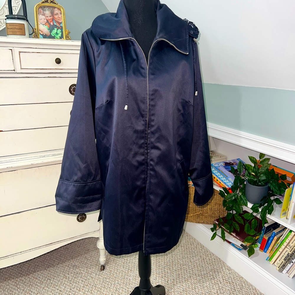 Dennis by Dennis Basso Navy Satin Jacket Womens Coat with Hood Size L